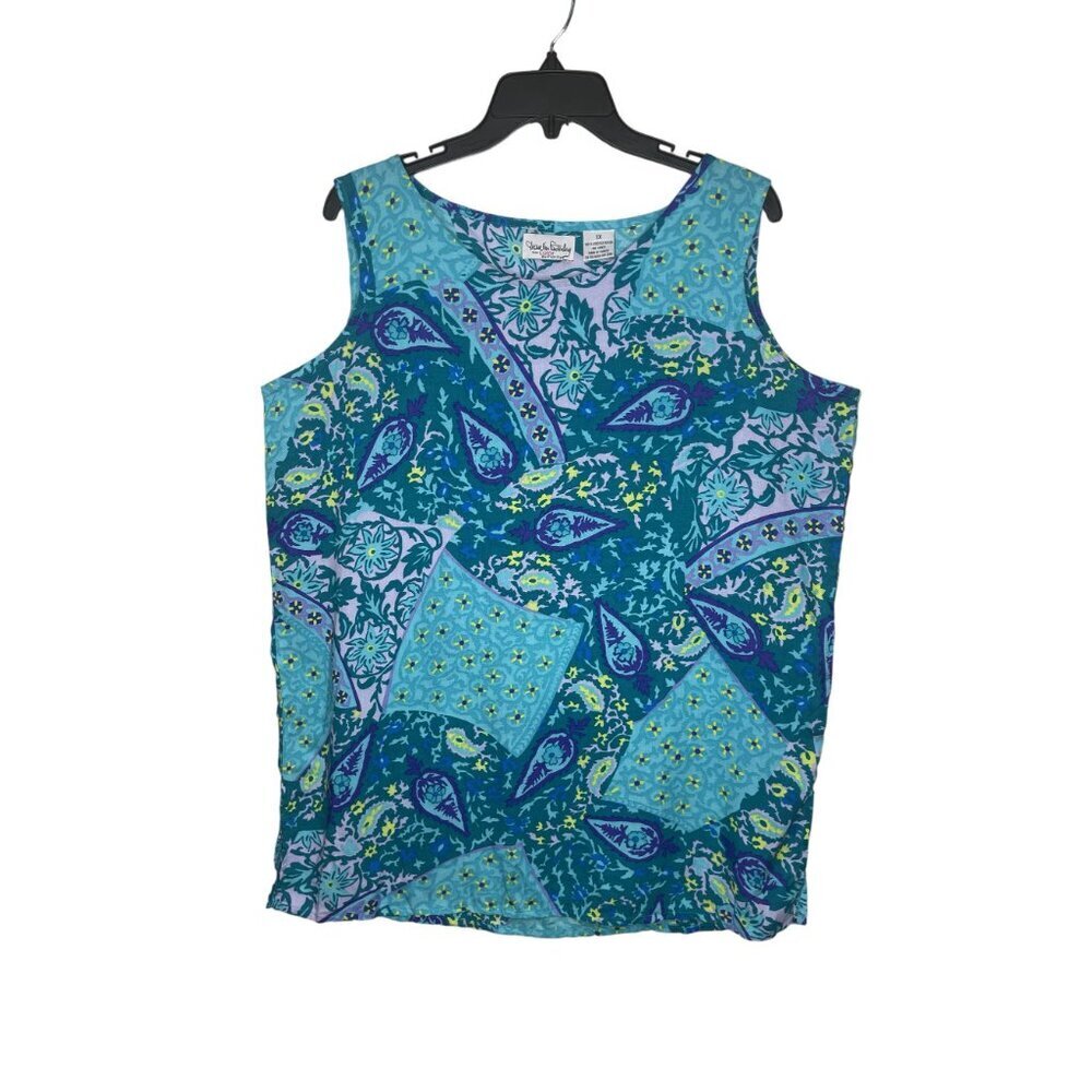 Diane Von Furstenberg DVF Teal/Purple Print Sleeveless‎ Top Size 1X 100% Viscose - Picture 2 of 9